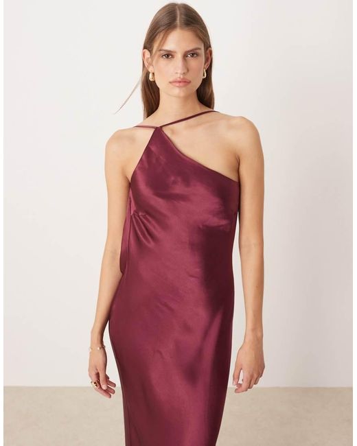 SNDY'S Red Satin One Shoulder Open Cowl Back Detail Maxi Dress