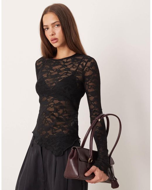 Gina Tricot Black – asymmetrisches, langärmliges spitzen-oberteil