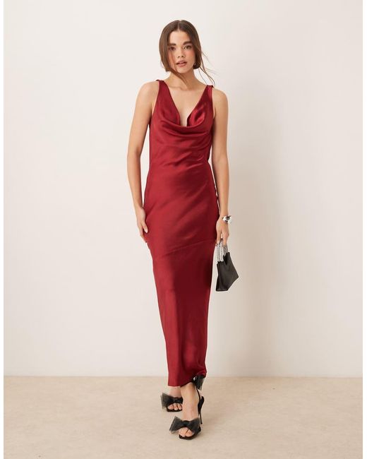 Gina Tricot Cowl Neck Low Back Satin Bias Cut Maxi Dress in Red | Lyst UK