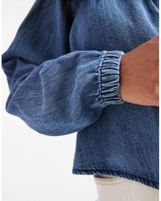 ASOS Blue Denim Balloon Sleeve Blouse With Linen