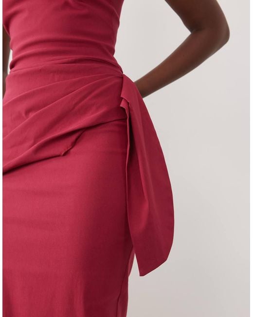 Vesper Red Bengaline Bandeau Drape Front Detail Maxi Dress