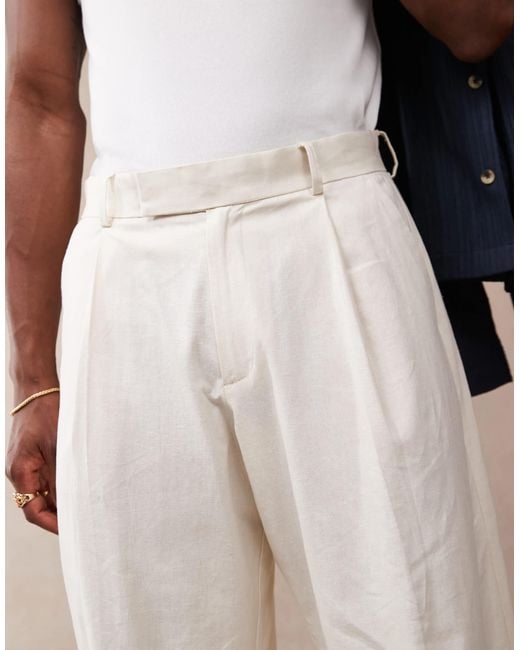 ASOS Blue Smart Loose Leg Linen Blend Trousers With Front Pleat for men