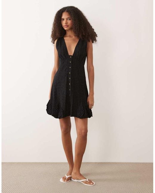 ASOS Black V Neck Mini Button Down Mini Dress With Lace Trims And Godets