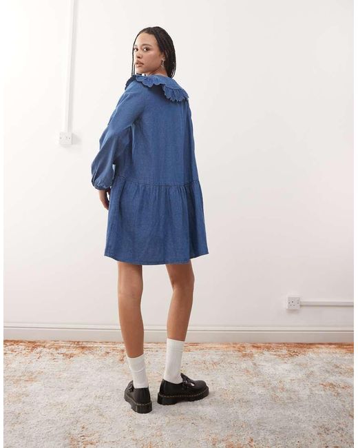 Reclaimed (vintage) Aangerimpelde Denim Mini Jurk Met Oversized Peter Pan-Kraag in het Blue