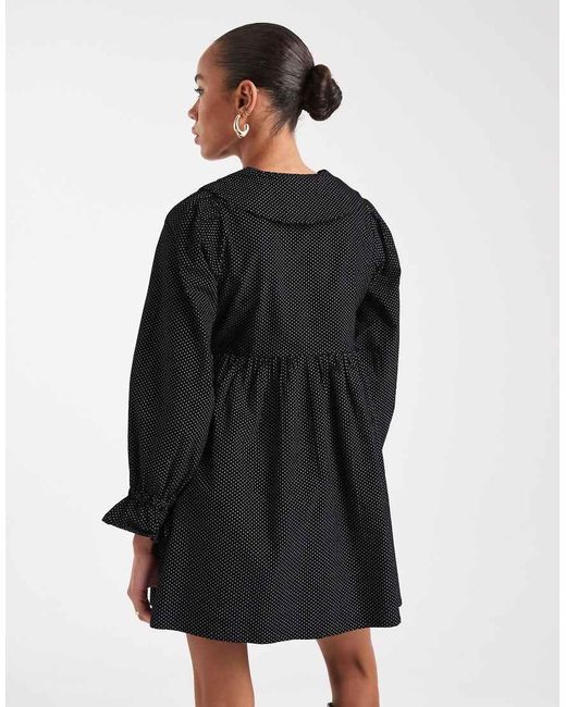 Wednesday's Girl Black Collar Detail Dot Cord Mini Smock Dress