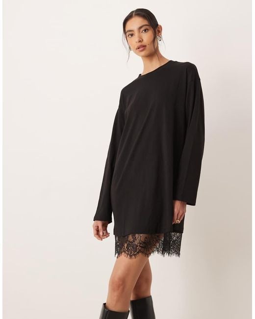 ASOS Black Long Sleeved T-shirt Dress With Lace Trim