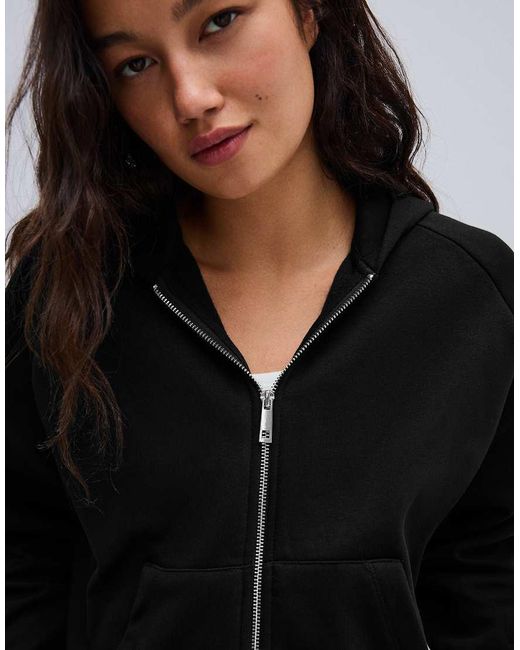 Bershka Black Zip-Up Plush Hooded Jacket