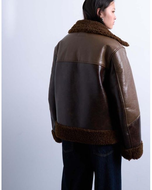 TOPSHOP Brown Shearling Patchwork Faux Leather Jacket