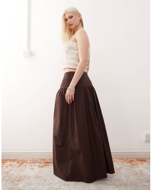 Monki Brown Floaty Poplin Maxi Skirt With Drop Waist Detail