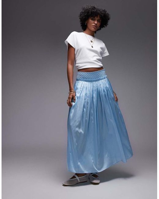 TOPSHOP Blue Crinkle Full Skirt With Sheen
