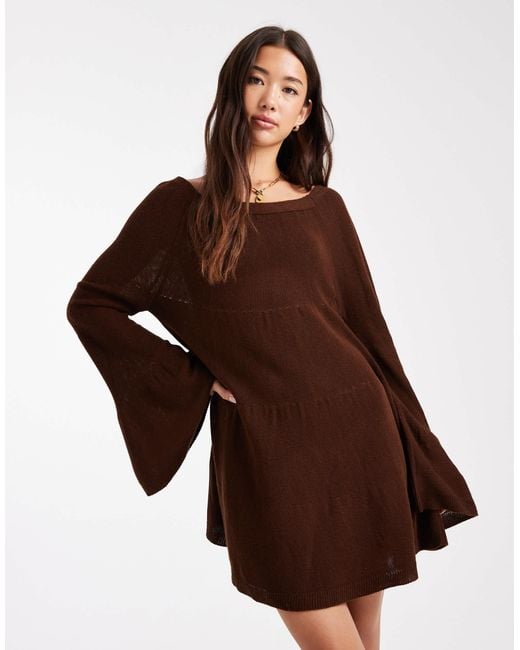 Miss Selfridge Brown Tired Long Sleeve Knit Floaty Smock Dress