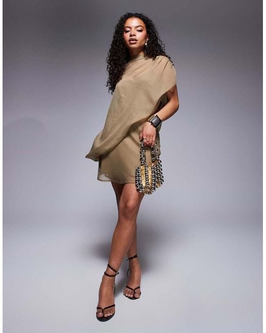 ASOS Natural Asos Design Petite High Neck Draped Asymmetric Mini Dress With Cut Out