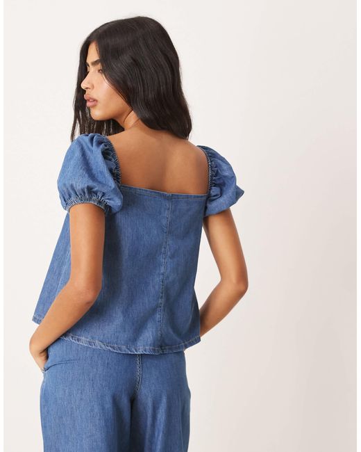ASOS Blue Babydoll Denim Top With Puff Sleeve