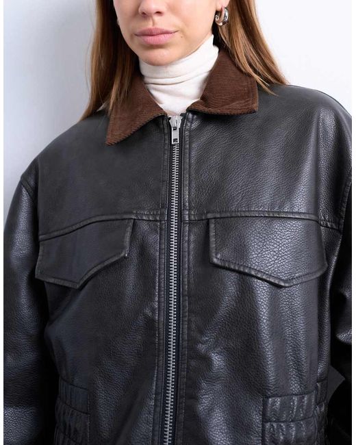 TOPSHOP Gray Cinch Waist Pu Jacket With Contrast Cord Collar