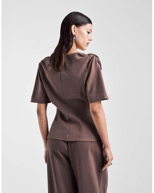 ASOS Brown V Neck Co-ord Twist Shoulder Detail Tee