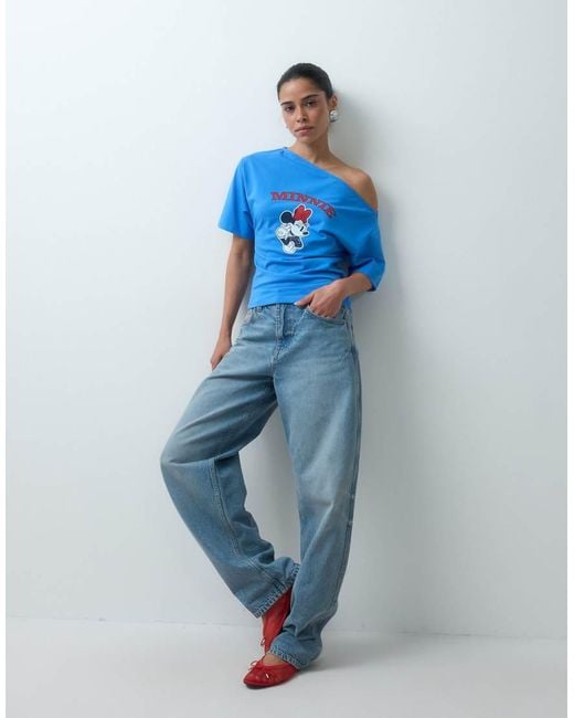 ASOS Blue Disney Off The Shoulder Cinched Waist T-Shirt With Minnie Print