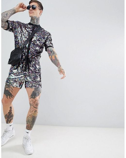 ASOS Pink Design Festival Slim Boilersuit With Rainbow Sequins for men