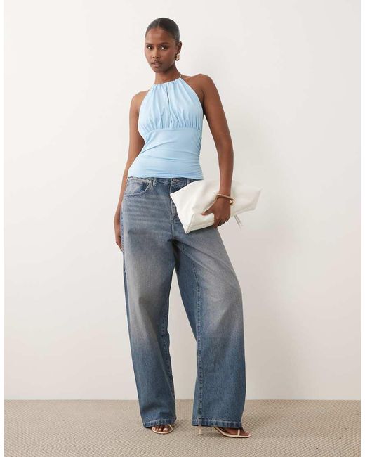 ASOS Blue Polyamide High Neck Cinched Waist Halter Top