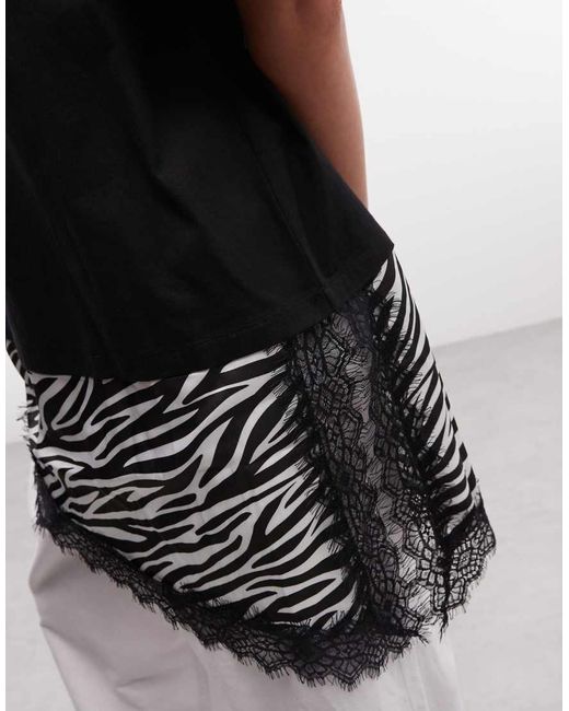 Noisy May Black Oversized T-shirt With Asymm Satin Lace Hem Underlay