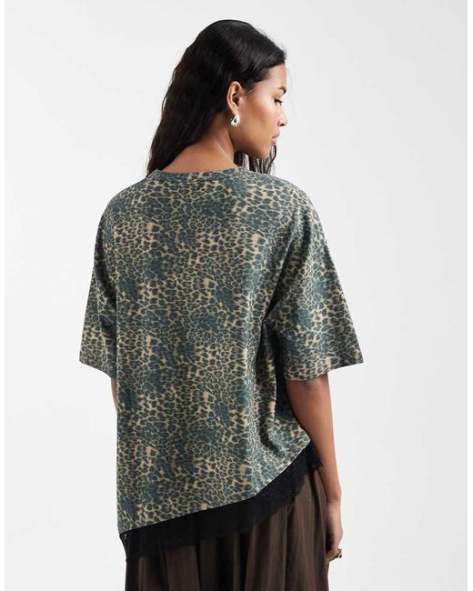 ASOS Gray Oversized Leopard Print Top With Lace Hem