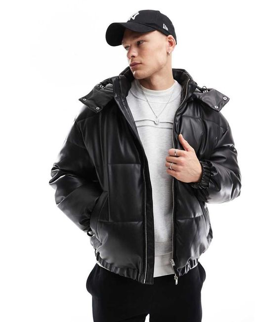 Bershka Black Detachable Hooded Faux Leather Puffer for men