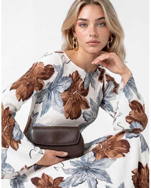 Lovedrobe White Floral Print Trumpet Sleeve Plisse Column Midaxi Dress
