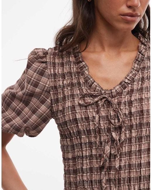 Daisy Street Brown Shirred Drop Waist Midi Dress With Puff Sleeves And Tie Front