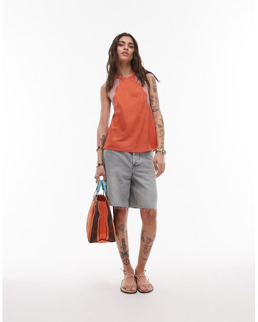 TOPSHOP Red Halterneck Top With Contrast Lace