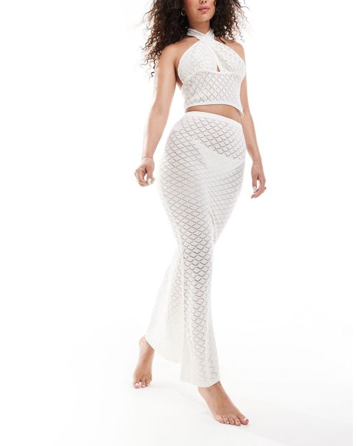 In The Style White Exclusive Crochet Knit Textured Fishtail Maxi Beach Skirt Co-ord