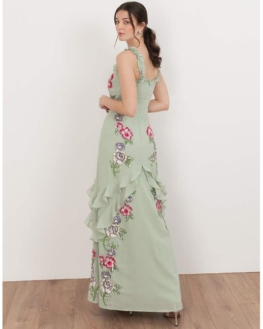 Maya Green Floral Embellished Ruffle Cami Maxi Dress