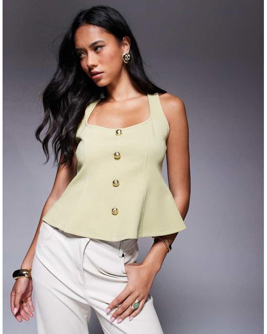 Top Abotonado Con Escote Cuadrado Y Cintura Entallada De Punto Roma De ASOS de color Natural