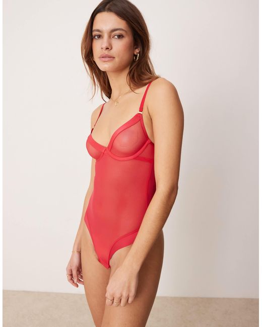 KBX Red Zadie Plunge Non-padded Underwi Mesh Body