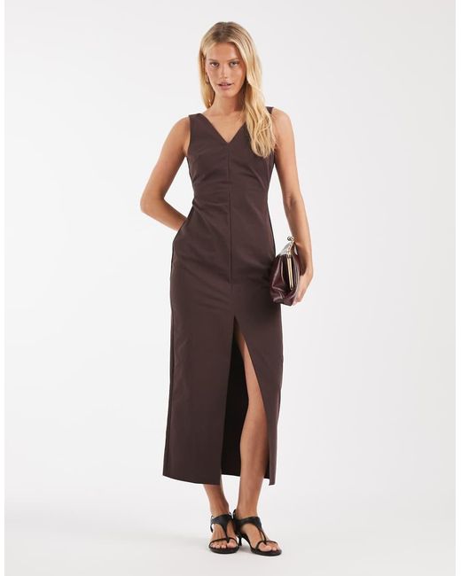 ASOS Brown V-neck Column Midi Dress With Double Split