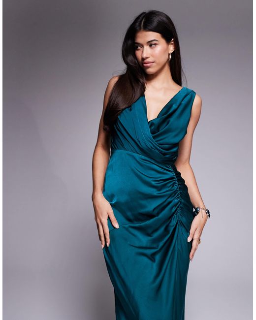 ASOS Blue Satin Drape Front Split Detail Maxi Dress