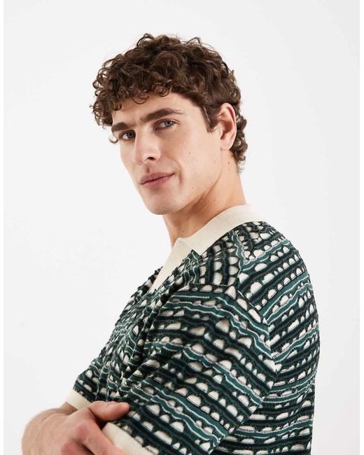 Redefined Rebel Green Rayan Boxy Fit Short Sleeve Textured Knit Polo Shirt for men