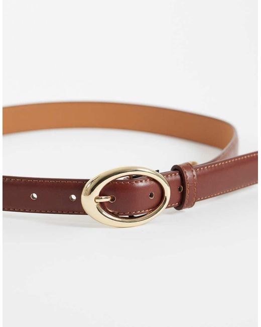 Mango Brown Faux Leather Slim Belt With Oval Buckle