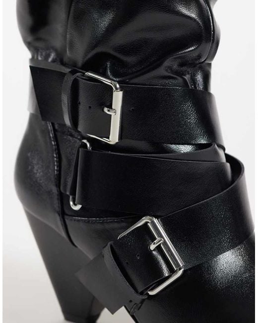 ASOS Black Cade Buckle Detail Heeled Slouch Boots