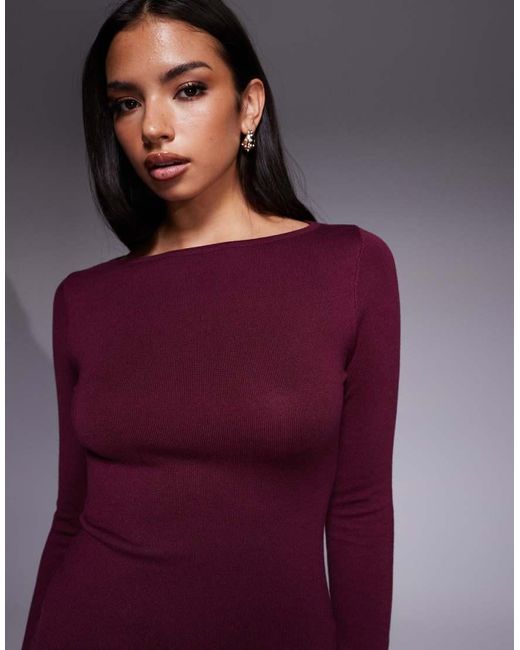 Kaiia Purple Exclusive Knit Slash Neck Long Sleeve Maxi Dress