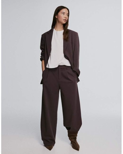 Bershka Brown Striped Double-breasted Blazer