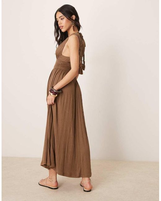 ASOS Brown Crinkle Plunge Lace Bust Tassel Maxi Dress