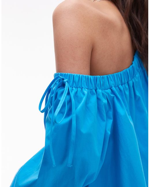 TOPSHOP Blue – schulterfreies, trapezförmiges popeline-minikleid