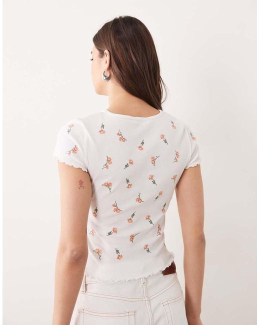 Miss Selfridge White Embroidered Short Sleeve Ribbed Lettuce Edge T-Shirt
