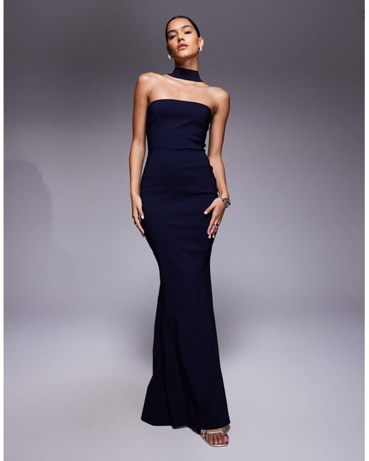 Halter Neck Asos Vesper Dress Vesper Women's Blue Bengaline Choker Detail  Fishtail Maxi Dress