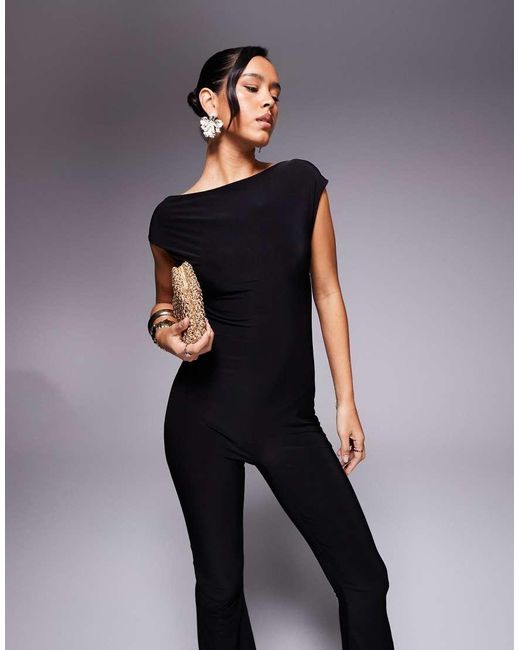 Missy Empire Blue Double Sculpted Slinky Open Back Flare Trouser Jumpsuit