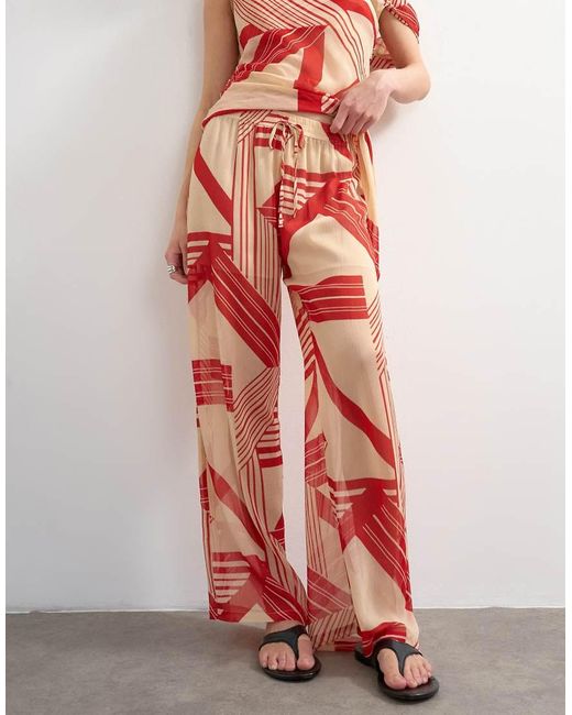 TOPSHOP Red Chiffon Stripe Print Wide Leg Trouser Co-ord
