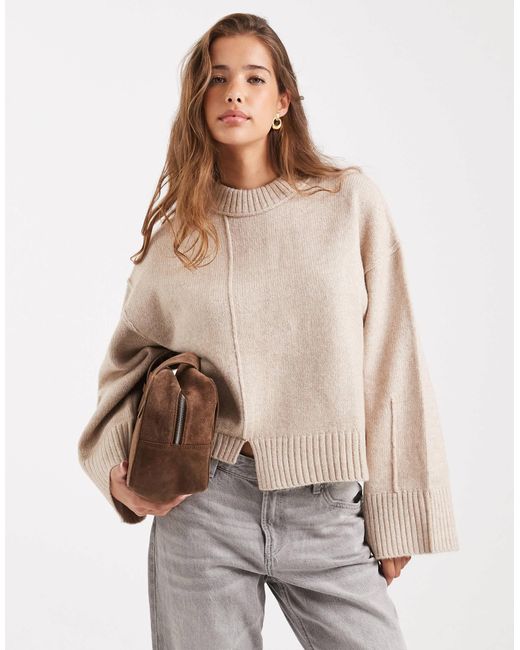 ASOS Natural Crew Neck Jumper With Seam Front Detail And Stepped Hem