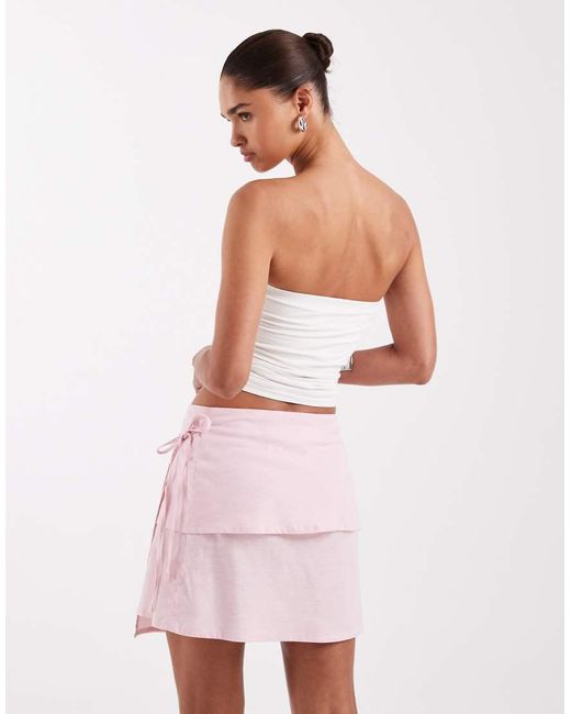 JJXX Pink Linen Blend Asymetric Tie Waist Mini Skirt