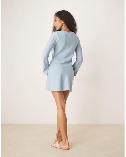 ASOS Blue Soft Denim Mini Dress With Bow Front Detail