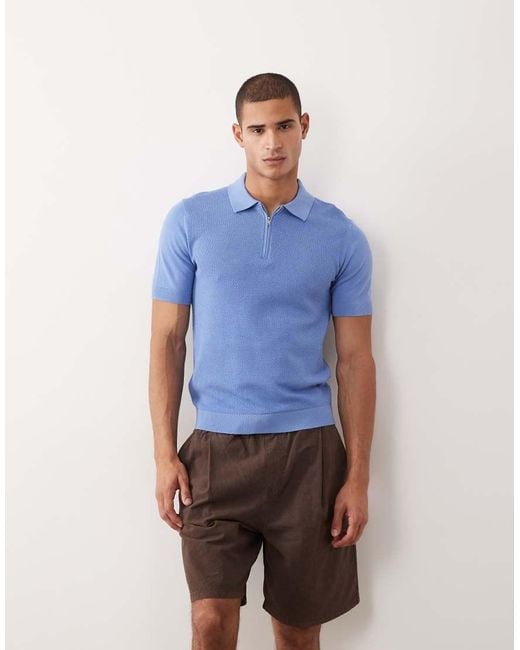 Mango Blue 100% Cotton Waffle Knit Quarter Zip T-shirt Sky for men