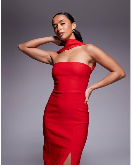 Vesper Petite Red Bengaline Choker Neck Detail Bandeau Side Split Maxi Dress